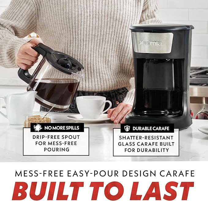 Gourmia 12 Cup One-Touch Coffee Maker – Pause and Serve with Automatic Keep Warm, Easy View Water Window, Compact Design, Stainless Steel Accents, Black