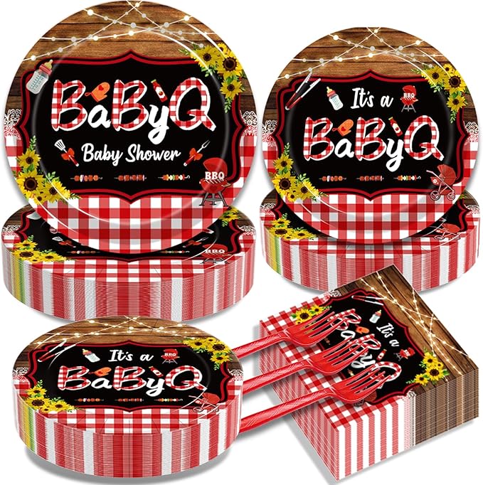 200Pcs BBQ Baby Shower Decorations, It’s A BabyQ Party Plates and Napkins Supplies Set Sunflower Rustic Wood Barbecue Baby Shower Gender Reveal Picnic Party Disposable Tableware Kit, Serves 50