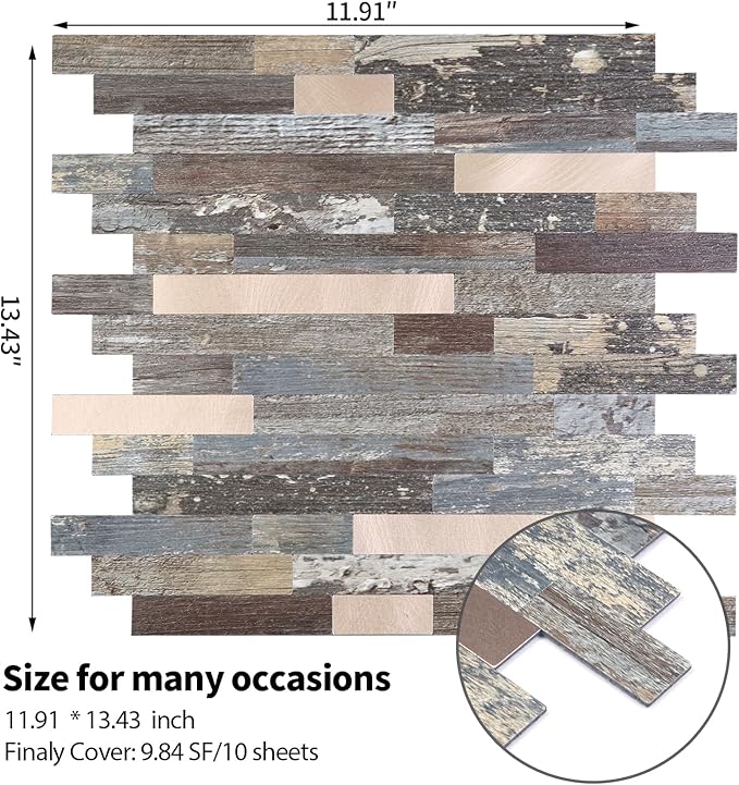Yipscazo 10 Sheets Peel and Stick Stone Metal Tile Backsplash, Stick on Tiles for Backsplash Kitchen, Bathroom, Laundry Room, Camper, Fireplace (12'' X 12'', Mix Rustic with Gold)