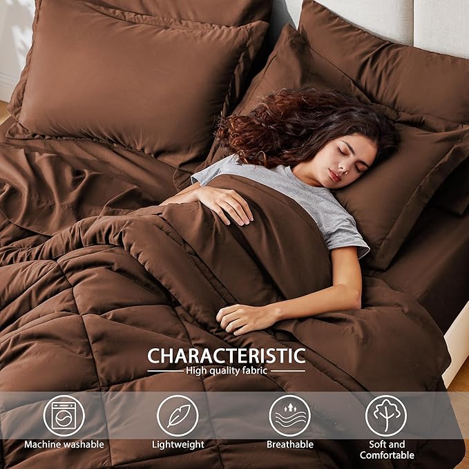 Love's cabin King Size Comforter Set Brown, 7 Pieces King Bed in a Bag, All Season Bedding Sets with 1 Comforter, 1 Flat Sheet, 1 Fitted Sheet, 2 Pillowcase and 2 Pillow Sham | Soft, Breathable, Lightweight, Comfortable