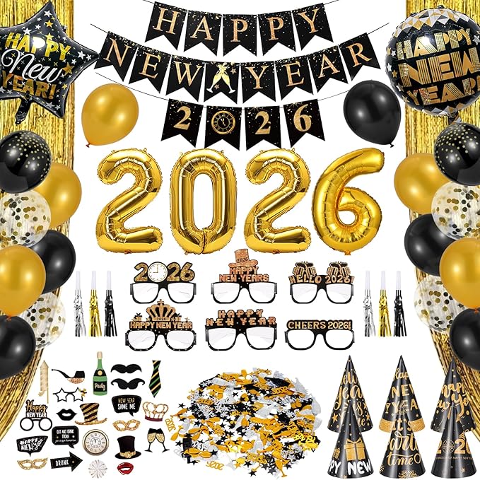 New Years Eve Party Supplies 2026, Black Gold New Years Foil Balloon Decorations Banner Hats Glasses Noisemakers Blowouts Curtains Numbers 2026 Balloons Photo Props for NYE Party Decorations