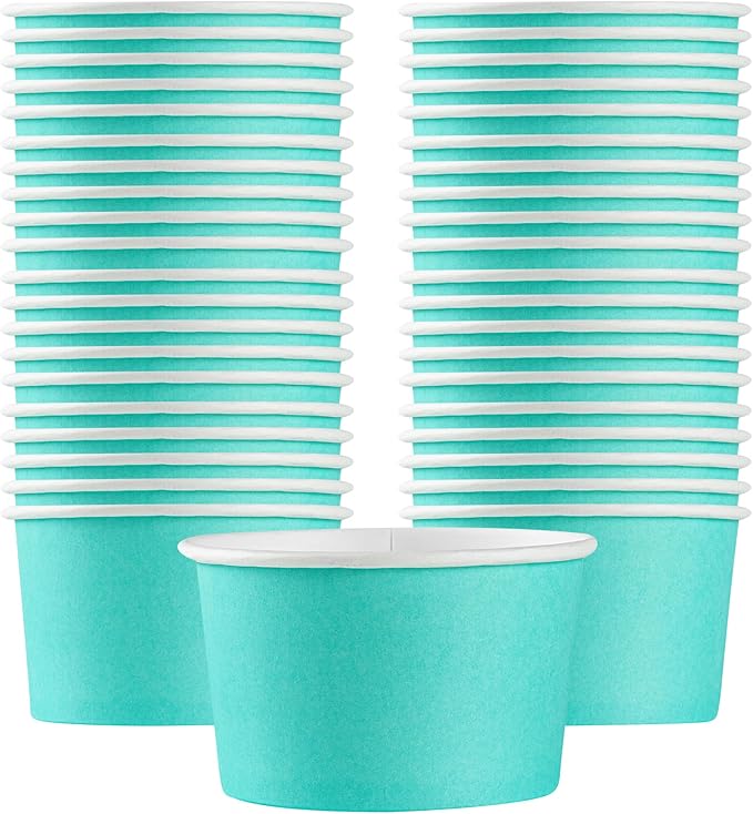 Restaurantware Coppetta 5 Ounce Dessert Cups, 50 Disposable Ice Cream Cups - Lids Sold Separately, Sturdy, Turquoise Paper FroYo Bowls, Striped, For Hot And Cold Foods, Perfect For Gelato