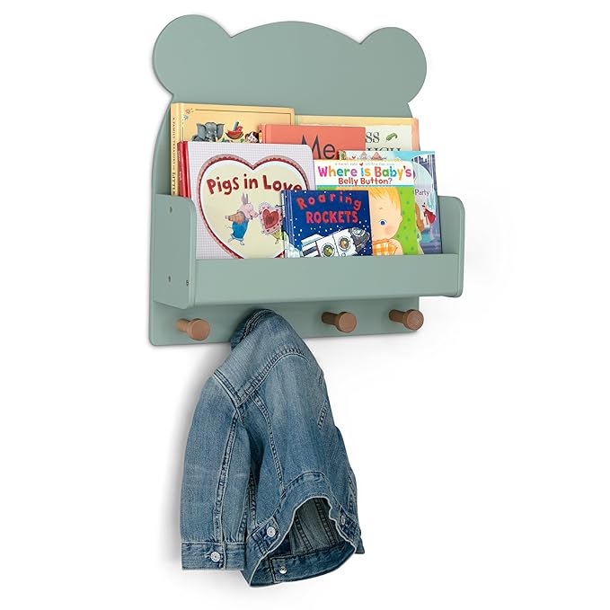 babyGap by Delta Children Brannan Bear Wall Shelf with 4 Hooks, Sage Green