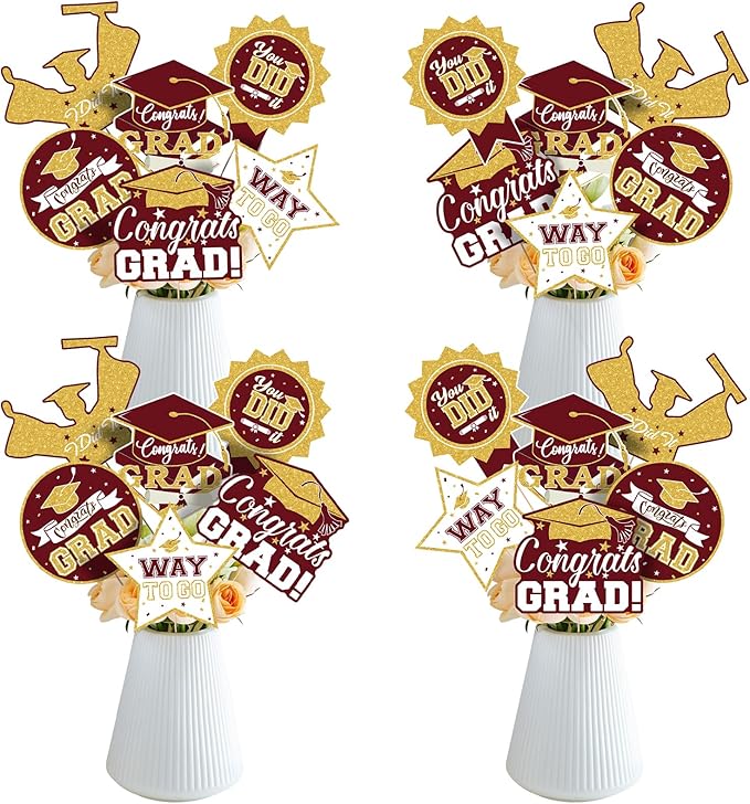 2026 Graduation Party Decorations - 24 Pcs Class of 2026 Congrats Grad Table Centerpieces Graduation Table Decorations Sticks Table Toppers for Graduation Party (Maroon Gold)