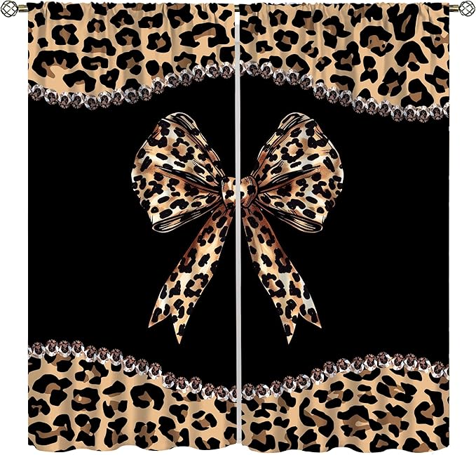 Bow Blackout Curtain,African Cheetah Leopard Girls Women Modern Fashion Window Curtains for Kitchen Bedroom Cafe Dining Room Office Living Room Drapes,72x63 in
