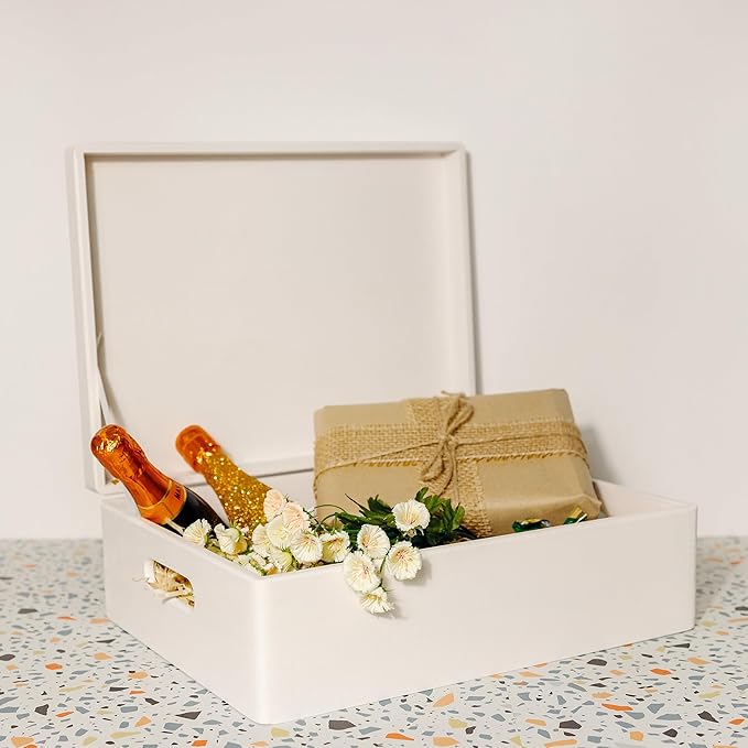 Creative Deco XL White Wooden Box Storage with Hinged Lid | 15.8x11.8x5.5in (+-0.5) | Keepsake with Handles | Gift Box for Tool Dog Toy Kitchen Storage | Wood Chest Trunk