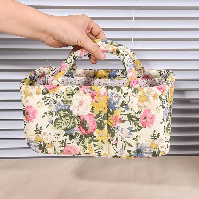 Quilted Fabric Storage Basket Floral Baby Diaper Caddy Quilted Basket for Nursery Bedroom Car Storage