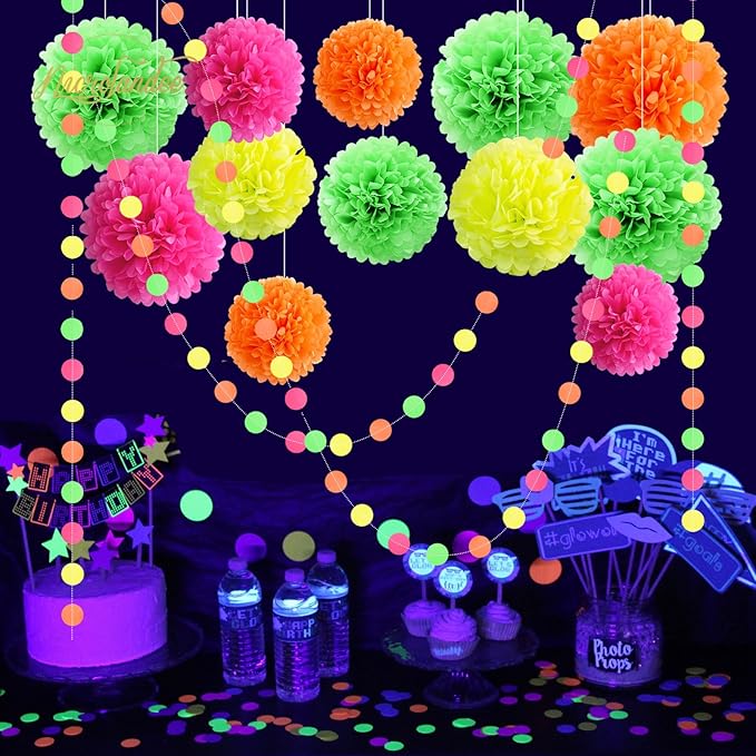 NICROLANDEE Blacklight Party Decorations - 15 PCS Fluorescent Neon Tissue Paper Pom Poms & Paper Garlands for Birthday, Wedding, Baby Shower, Glow-in-The-Dark Party, Neon Prom Dance Party Photography