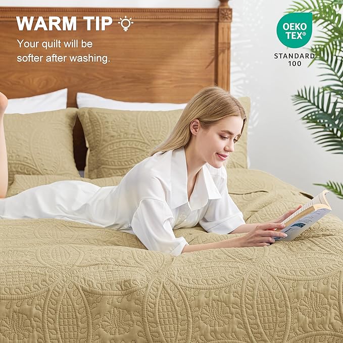 Love's cabin Oversized King Size Quilt Bedding Set Camel Bedspreads - Oversized King Lightweight Bedspread Comforter - Coin Pattern Coverlet for All Season - 3 Pieces (1 Quilt, 2 Pillow Shams)