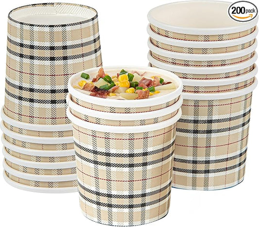 Restaurantware Bio Tek 12 Ounce Soup Containers 200 Durable Soup Bowls - Disposable Sustainable Plaid Print Paper Soup Cups Round For Hot Or Cold Foods