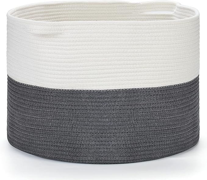 Ravinte Blanket Basket - 20"x 20"x 13" Cotton Rope Basket for Living Room, Baby Toy Storage Basket, Large Woven Laundry Basket (White-DarkGray)