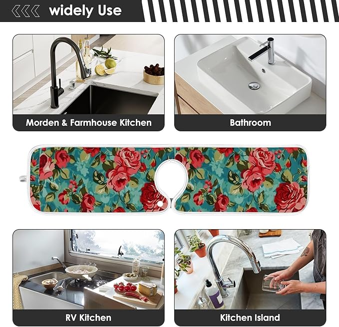 Kitchen Faucet Absorbent Mat, Rose Water Splash Guard for Sink, Faucet Drip Catcher Thicken Sponge Microfiber Faucet Water Catcher Mat Sink Absorbent Mat for Kitchen 14x5in 2Pack