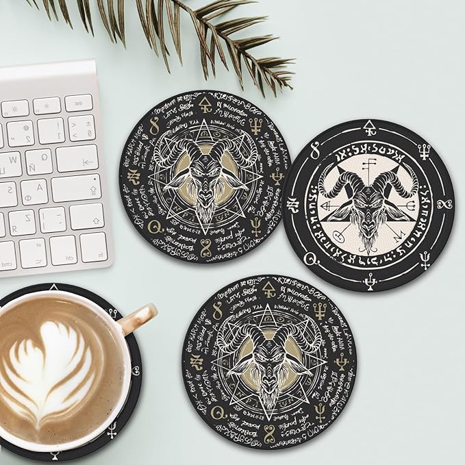 Satanic Goat Star Leather Drinks Coasters with Holder, Set of 6, Suitable for Various Cups