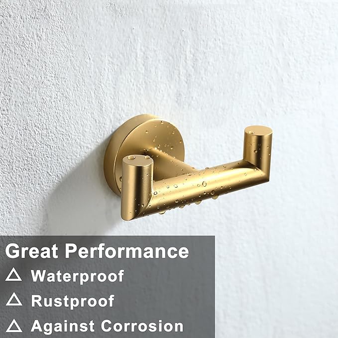 Towel Hooks for Bathrooms, Gold Towel Hook for Kitchen Bathroom, SUS304 Stainless Steel Coat Hook, Heavy Duty Double Towels Holder Hooks for Hanging Towels, Coats,sponges, Clothes, Wall Mount, 2 Pack