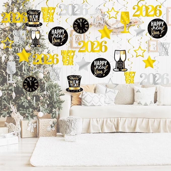 GOER 2026 New Year Festival Party Supplies 31 Pcs Hanging Swirl and Celebration Card,Gold and Black Party Supplies for 2026 New Year Eve Decorations