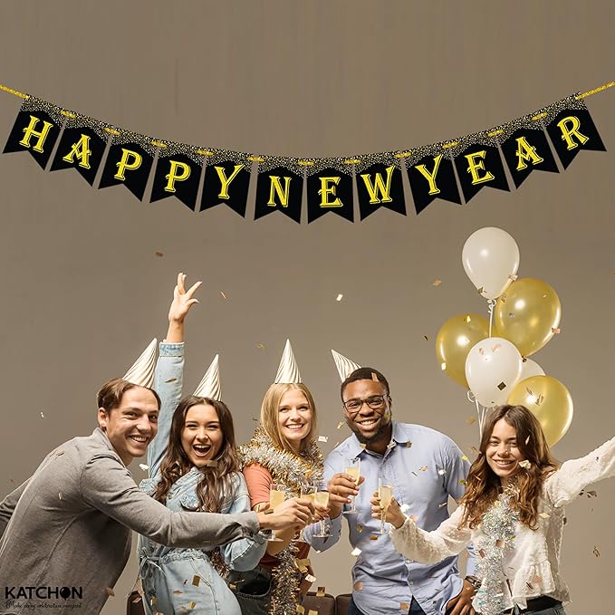 KatchOn, New Years Eve Party Supplies 2026 - Pack of 5 | 10 Feet, No DIY, Happy New Year Banner with 40 Inch, 2026 Balloons Gold | Happy New Years Decorations 2026 | New Year Decorations
