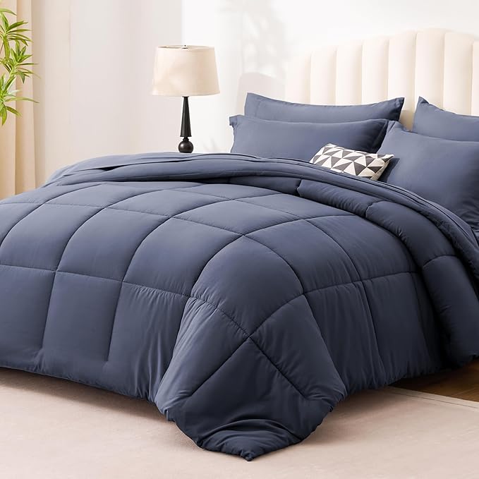 Love's cabin California King Comforter Set Indigo Blue, 7 Pieces California King Bed in a Bag, All Season Bedding Sets with 1 Comforter, 1 Flat Sheet, 1 Fitted Sheet, 2 Pillowcase and 2 Pillow Sham | Soft, Breathable, Lightweight, Comfortable