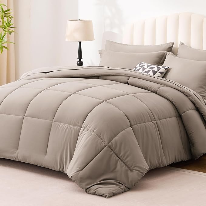 Love's cabin California King Comforter Set Light Brown, 7 Pieces California King Bed in a Bag, All Season Bedding Sets with 1 Comforter, 1 Flat Sheet, 1 Fitted Sheet, 2 Pillowcase and 2 Pillow Sham | Soft, Breathable, Lightweight, Comfortable