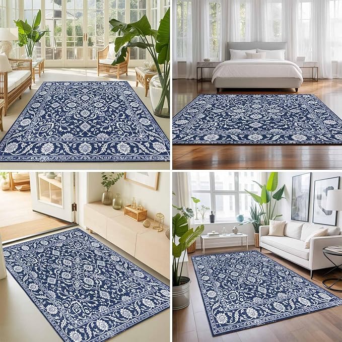 Area Rug 3x5ft, Navy Blue Paisley Floral Texture Washable Rugs for Living Room Bedroom, Vintage Tribe Flower Soft Non-Slip Area Rugs Rectangle Floor Carpet for Dining Room