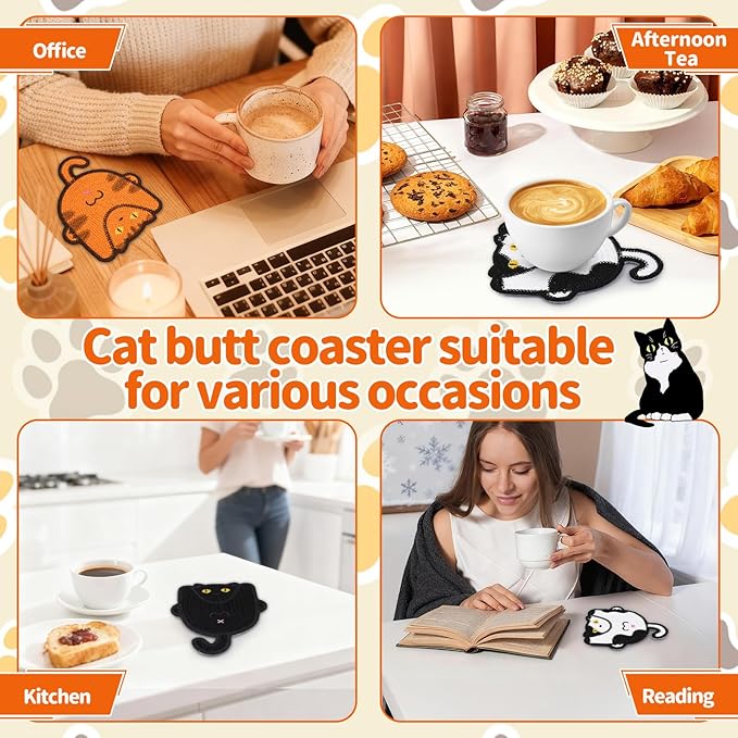 Drink Coaster, 3 PCS Cute Cat Coasters with Woven Knitted Crochet, Gifts for Cat Lovers, Coffee Tea Cup Home Decor Tabletop Protection Suitable for Cups, Black, White and Orange