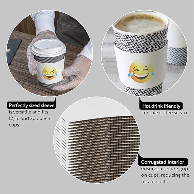 Restaurantware SLEEVES ONLY: Restpresso 5.1 x 2.8 Inch Coffee Cup Sleeves, 50 Corrugated Hot Cup Sleeves - Crying-Laughing Emoji, Heat-Tolerant, White Paper Disposable Coffee Sleeves