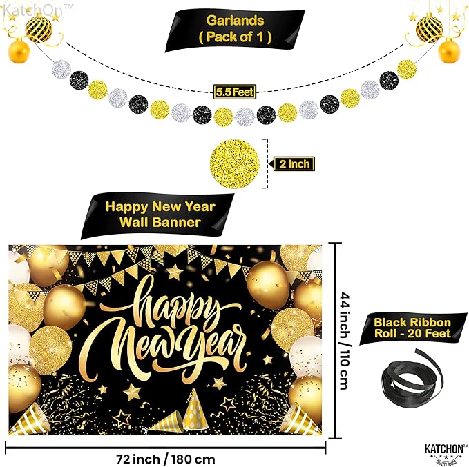 KatchOn, New Years Eve Party Supplies 2026 Set - Pack of 42 | Black and Gold New Year Banner | New Year Foil Balloons | New Years Eve Balloon Arch Kit | Nye Decorations 2026 | New Years Eve Party Kit