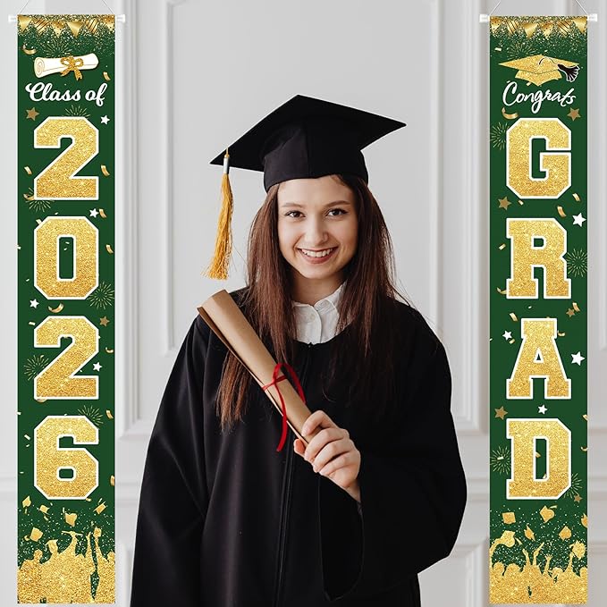 2026 Graduation Party Decorations - Green Gold Class of 2026 Congrats Grad Porch Sign Banner Hanging Flag Graduation Party Supplies for School College Classroom Decor
