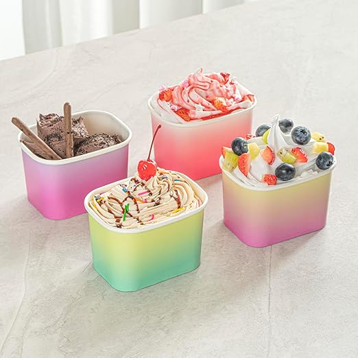 Restaurantware Paper Cups 200 Count 12 Ounce Square Disposable Ice Cream Containers, Leak-Resistant Paper Dessert To Go Cups, Hot And Cold Food, Durable Assorted Ombre Design