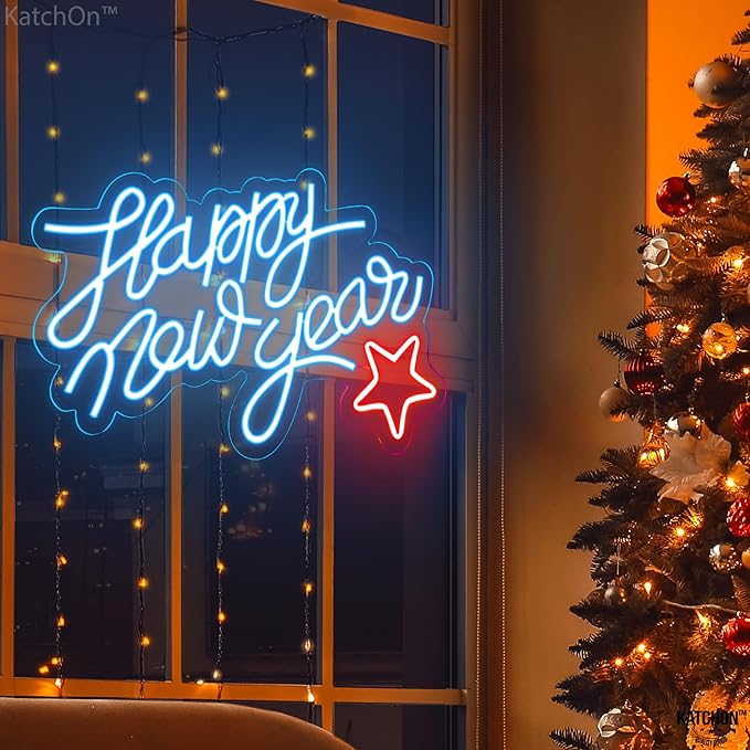 KatchOn, Blue Happy New Year LED Sign - 16x10 Inch | Happy New Year Neon Sign | Happy New Year Lighted Sign for New Years Eve Party Supplies 2026 | Happy New Year Light Up Sign for New Years Decorations 2026