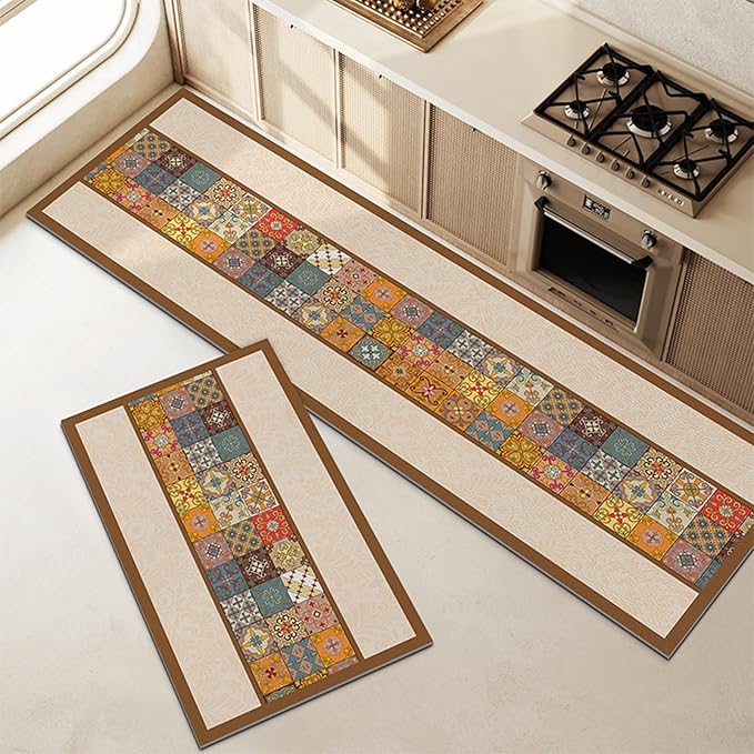 Boho Abstract Kitchen Rugs for Floor, Vintage Mid Century Floral Kitchen Mats, Non-Slip Waterproof Standing Runner Rugs(Color F,50 * 80cm)