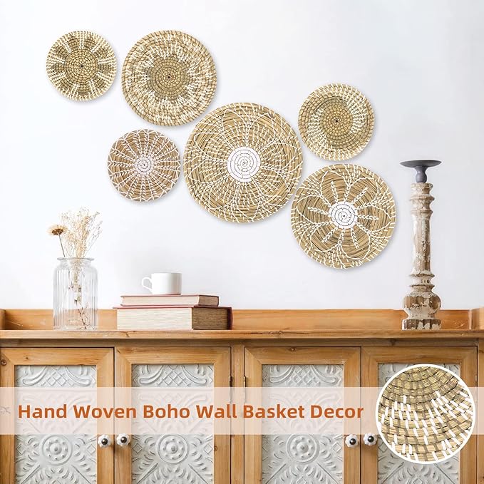 Boho Wall Basket Decor Set of 6 - Hanging Woven Basket Wall Decor, Handcrafted Round Flat Seagrass Baskets Wall Art, for Rustic、Farmhouse、Home - Unique Wicker Wall Basket Decor （White Classic）