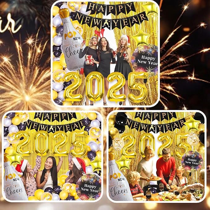 New Years Eve Party Supplies 2025, 69 PCS Kit: Gold & Black Balloons, Banners, Curtains & More for New Year Celebration