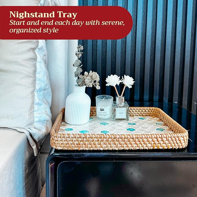 Rattan Rectangle Tray with Mother of Pearl Inlay – Unique Decorative Rattan Serving Tray for Coffee Table, Bathroom Vanity, Perfume & Nightstand – Ideals for Housewarming (Fin 11.8")