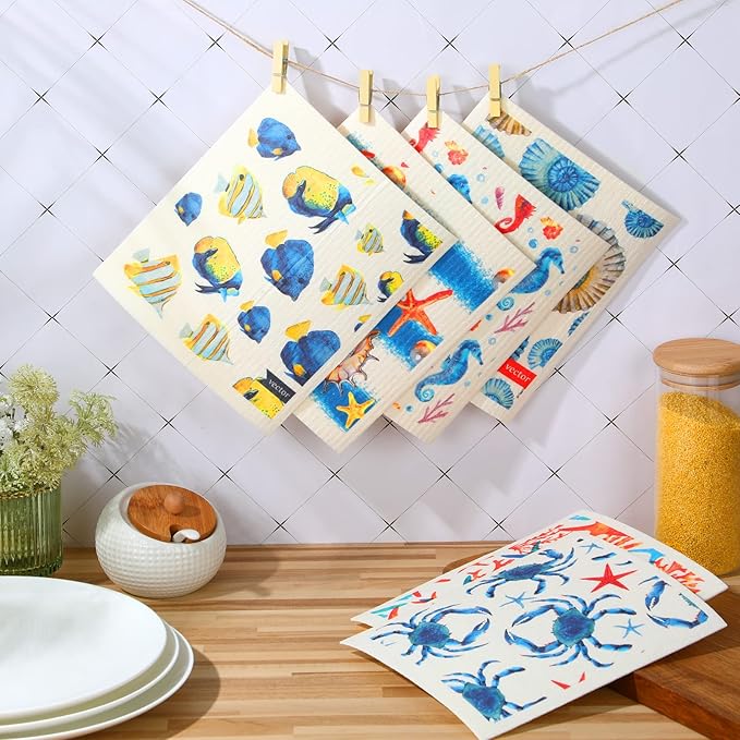 6 Pieces Ocean Swedish Kitchen Dish Towels Ocean Kitchen Cloths Reusable Sponge Cleaning Absorbent Dish Cloth No Odor Hand Towel Quick Drying Washable Cleaning Wipes