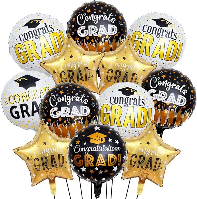 Graduation Balloons Set -12 Pcs Black Gold Congrats Grad Foil Balloons Decor,GRAD Letters Mylar Balloons Class of 2026 Congrats Grad for College High School Graduation Party Decorations Supplies