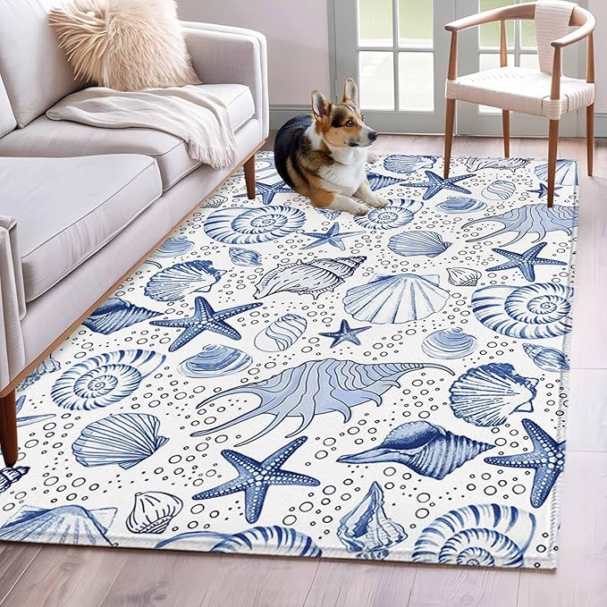 Area Rug 3x5ft, Navy Blue Starfish Conch Shell Seamless Washable Rugs for Living Room Bedroom, Summer Ocean Bubbles Soft Non-Slip Area Rugs Rectangle Floor Carpet for Dining Room