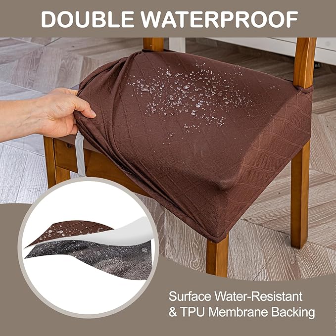 Genina Waterproof Seat Covers for Chairs,Set of 4 Dining Room Chair Seat Covers for Kitchen,Stretch Jacquard Removable Washable Dining Chair Slipcovers Protectors,No Rear Covers, Chocolate