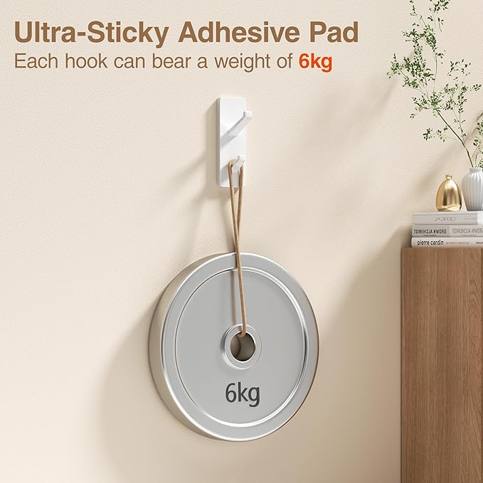 Self Adhesive Wall Hooks for Hanging: 13 LB Strong Hold, Sticky Hangers for Coat, Towels, Purse, Keys, Jacket, Bag - for Wall, Door, Bathroom, Shower, Kitchen - Stainless Metal, White, 4 Pack