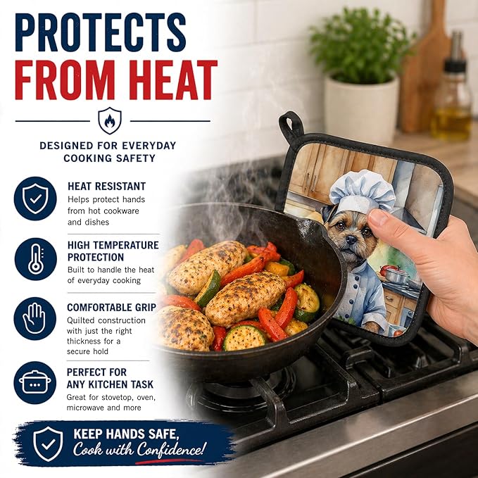 Caroline's Treasures Border Terrier The Chef Pair of Pot Holders Kitchen Heat Resistant Pot Holders Sets Oven Hot Pads for Cooking Baking BBQ, 7 1/2 x 7 1/2