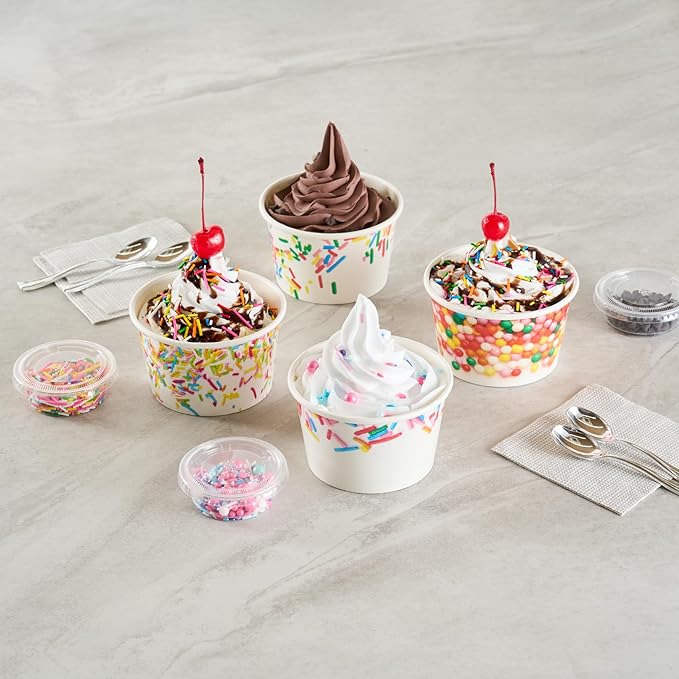 Restaurantware Ice Cream Cups 200 Pack of 8 oz Leak-Resistant Disposable Dessert Bowl Frozen Yogurt Cup Round Paper Container For Cold And Hot Desserts