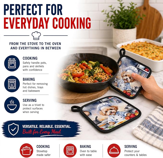Caroline's Treasures Maltipoo The Chef Pair of Pot Holders Kitchen Heat Resistant Pot Holders Sets Oven Hot Pads for Cooking Baking BBQ, 7 1/2 x 7 1/2