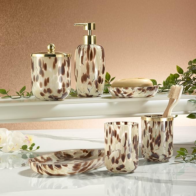 Nicole Miller – Bathroom Accessory Set, Toothbrush Holder and Lotion Dispenser, Weighted Glass with Gold-Tone Accents, Modern Home Decor – Perfect for Organizing Bathroom Essentials (Safari)