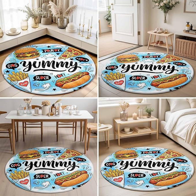 Washable Round Area Rug Cartoon Food Abstract Graffiti Circle Rugs Floor Carpet for Living Room Bedroom, Blue Sky with Clouds Soft Non Slip Round Rug 3ft