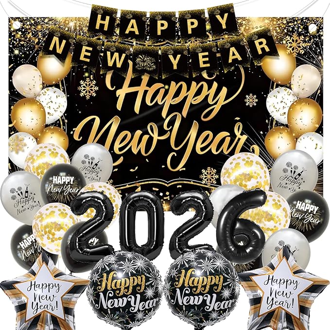 New Years Eve Party Supplies 2026 Set, Black and Gold Happy New Year Banner Decorations Backdrop 2026 Balloon Numbers New Year Foil Balloons for New Years Eve Party Supplies