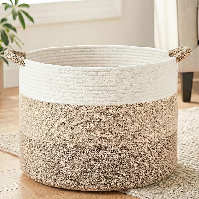 Artfeel 100L Large Cotton Rope Basket, Decorative Woven Blanket Storage for Living Room, Boho Toy Storage & Toy Box for Kids, Versatile Laundry Basket & Nursery Hamper for Blankets(BrownYellow)