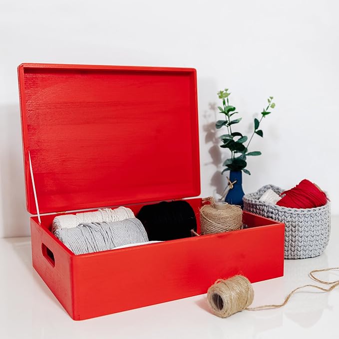 Creative Deco XL Red Wooden Box Storage with Hinged Lid | 15.8x11.8x5.5in (+-0.5) | Keepsake with Handles | Gift Box for Tool Dog Toy Kitchen Storage | Wood Chest Trunk