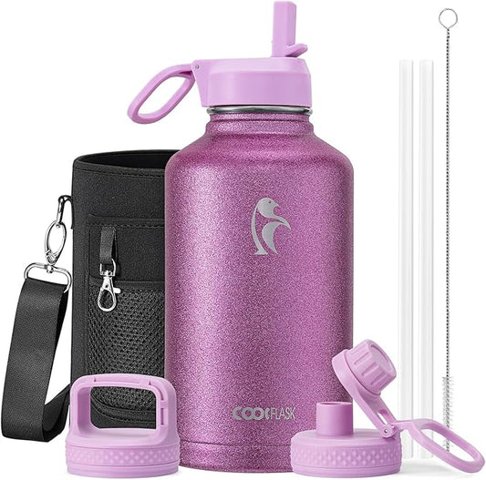 Coolflask Half Gallon Water Bottle Insulated with Straw & 3 Lids, 64 oz Water Jug Large Metal Stainless Steel Wide Mouth for Sports, Gym or Office, Non-BPA Keep Cold 48H Hot 24H, Glitter Pink