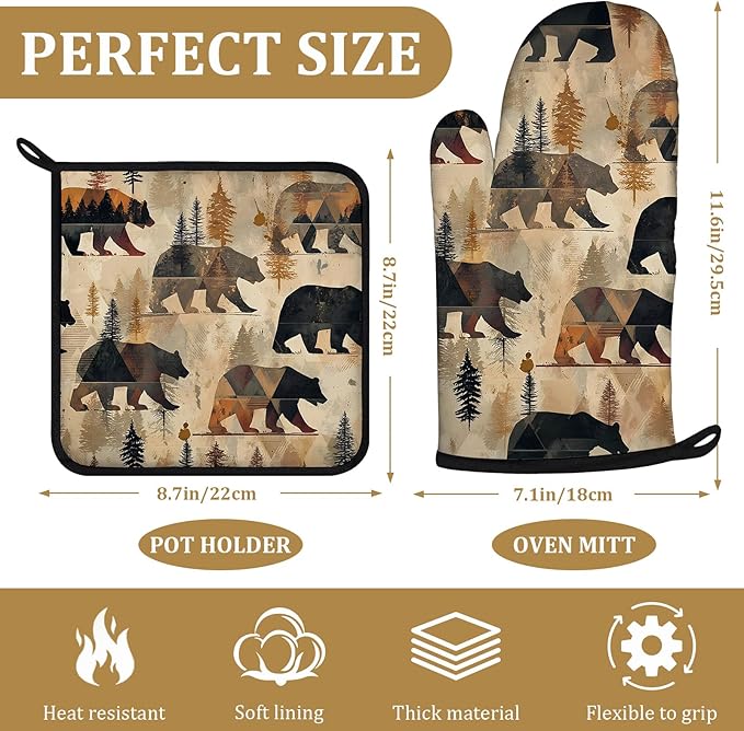 Vintage Rustic Bear Oven Mitts and Pot Holders Sets 4Pcs Forest Animal Silicone Kitchen Gloves Heat Resistant Potholders for Baking Cooking Grilling BBQ