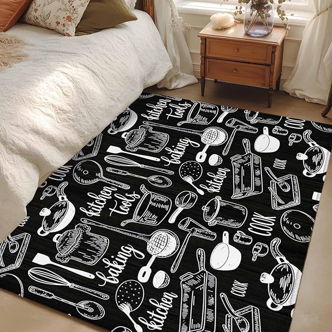 Black Kitchen Tools 4x6 Area Rugs, Modern Cooking Utensil Non-Skid Rubber Backing Large Rectangle Rugs - Living Room Bedroom Home Office, Farmhouse Cookware Indoor Floor Mat Carpets Washable Rug