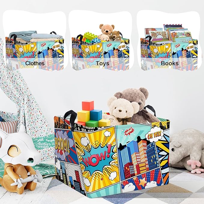 Clastyle 36L Rectangle Blue Comics Hero Kid Storage Basket Collapsible City Building Clothes Toy Nursery Bin Book Shelf Basket